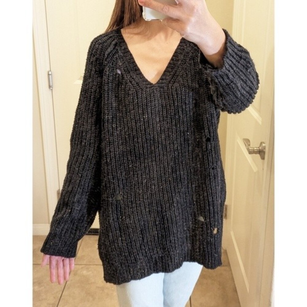 Wildfox V-neck Oversized Distressed Wool Sweater